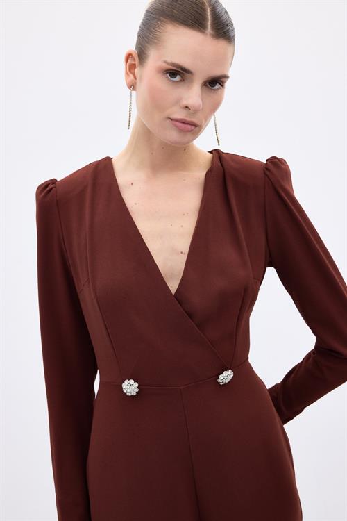 Wholesale Womens Burgundy Crepe Jumpsuit with Rhinestone Accessories