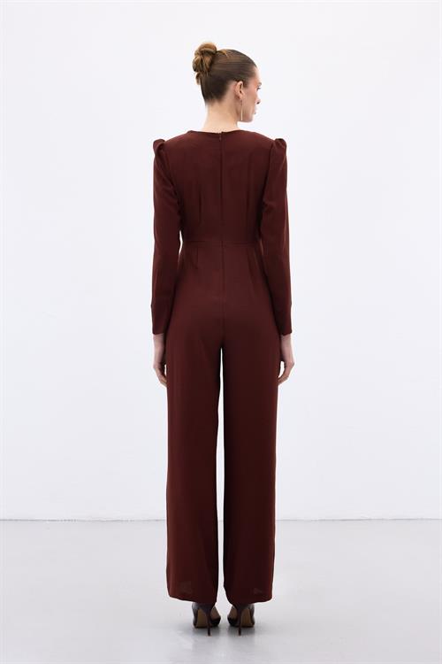 Wholesale Womens Burgundy Crepe Jumpsuit with Rhinestone Accessories