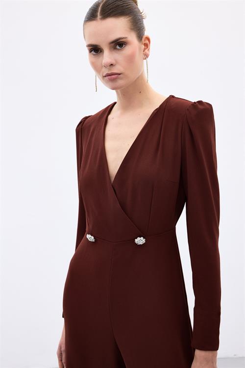 Wholesale Womens Burgundy Crepe Jumpsuit with Rhinestone Accessories
