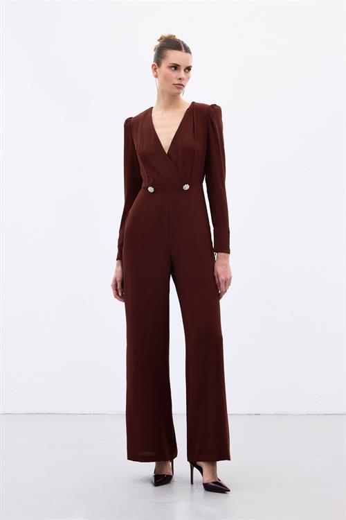 Wholesale Womens Burgundy Crepe Jumpsuit with Rhinestone Accessories