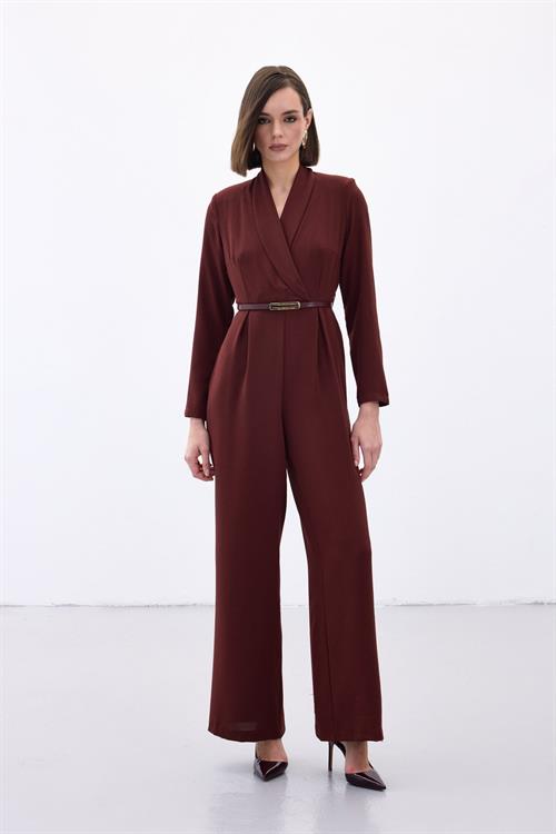 Wholesale Womens Burgundy Crepe Jumpsuit with Belt