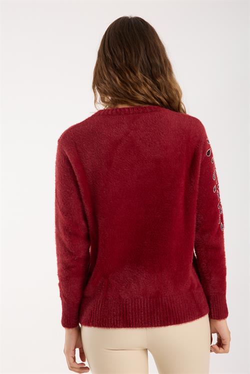 Wholesale Womens Burgundy Crew-Neck Knit Sweater with Beaded Embroidery
