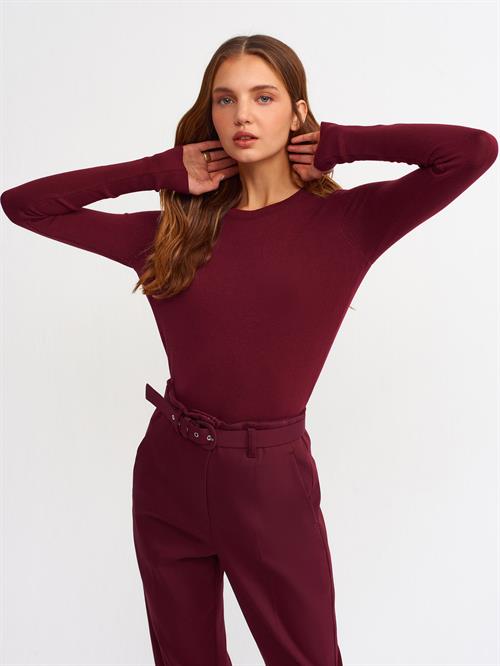 Wholesale Womens Burgundy Crew-Neck Knit Blouse with Snap-Button Wide Cuffs