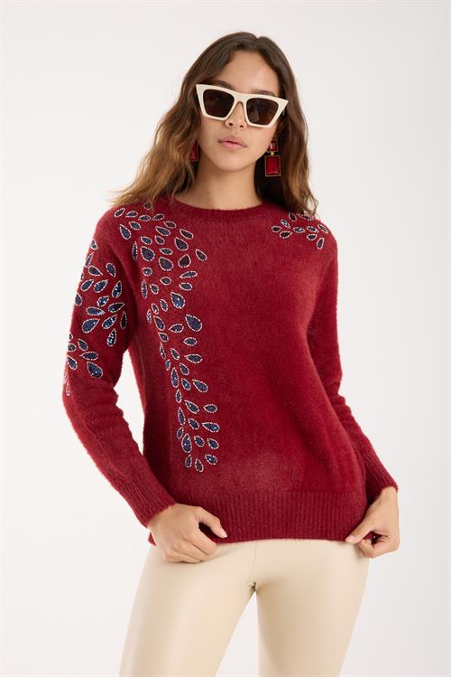 Wholesale Womens Burgundy Crew-Neck Knit Sweater with Beaded Embroidery