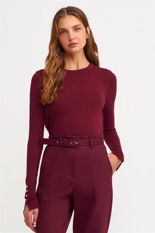 Wholesale Womens Burgundy Crew-Neck Knit Blouse with Snap-Button Wide Cuffs