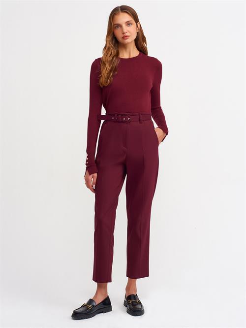 Wholesale Womens Burgundy Crew-Neck Knit Blouse with Snap-Button Wide Cuffs