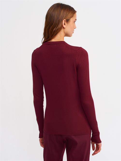 Wholesale Womens Burgundy Crew-Neck Knit Blouse with Snap-Button Wide Cuffs