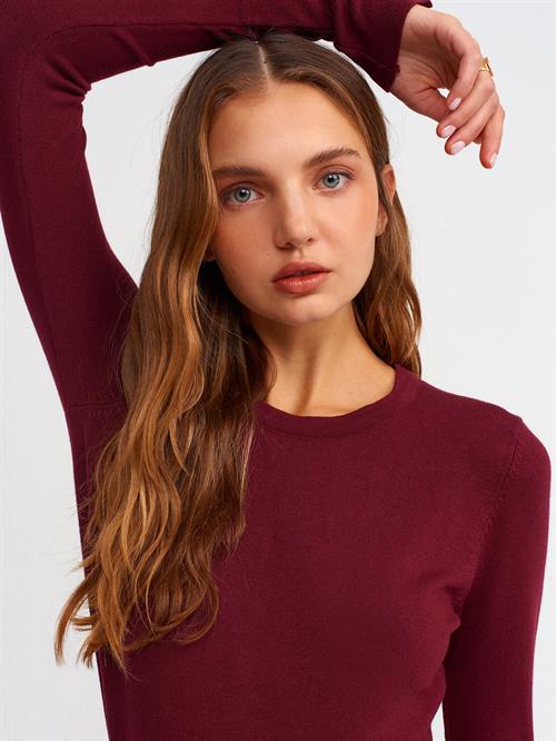 Wholesale Womens Burgundy Crew-Neck Knit Blouse with Snap-Button Wide Cuffs
