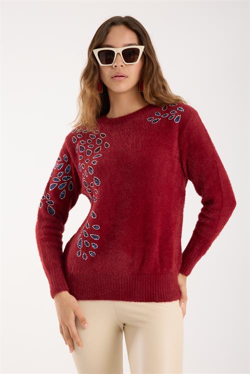 Wholesale Womens Burgundy Crew-Neck Knit Sweater with Beaded Embroidery