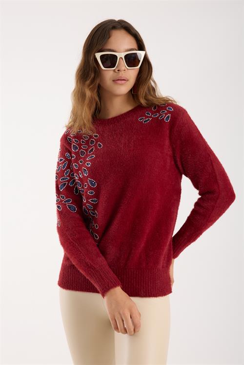 Wholesale Womens Burgundy Crew-Neck Knit Sweater with Beaded Embroidery