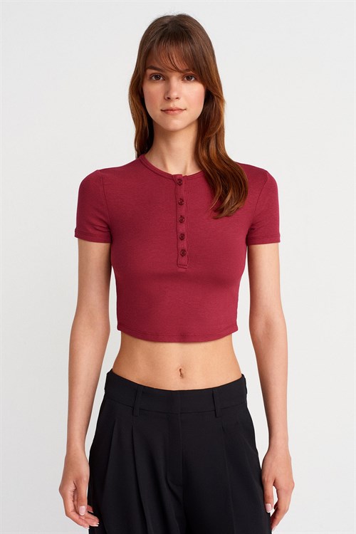Wholesale Womens Burgundy Crop T-Shirt with Button-Up Half Placket