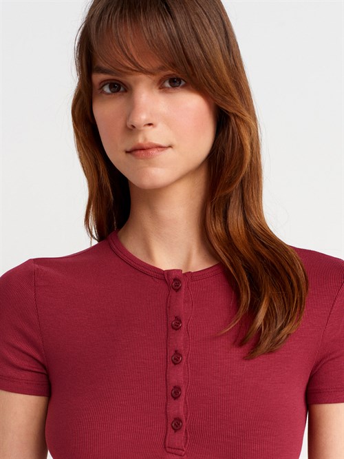 Wholesale Womens Burgundy Crop T-Shirt with Button-Up Half Placket