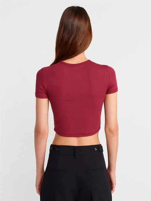 Wholesale Womens Burgundy Crop T-Shirt with Button-Up Half Placket