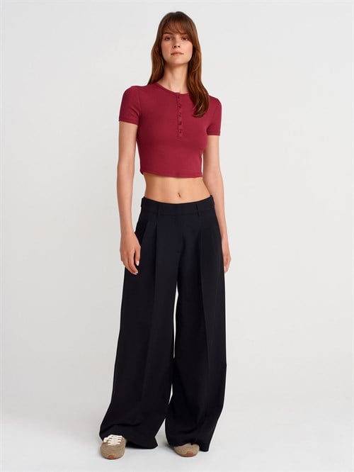 Wholesale Womens Burgundy Crop T-Shirt with Button-Up Half Placket