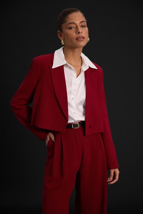 Wholesale Womens Burgundy Cropped Blazer with Notched Collar