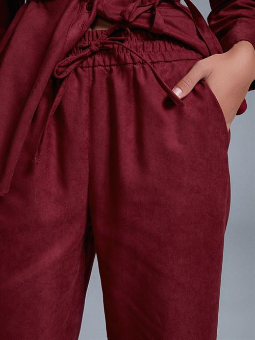 Wholesale Womens Burgundy Elastic Waist Suede Trousers