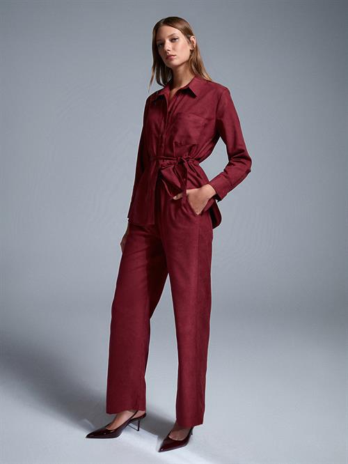 Wholesale Womens Burgundy Elastic Waist Suede Trousers