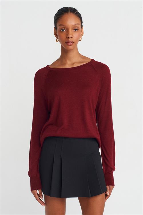 Wholesale Womens Burgundy Fine Knit Blouse with Raglan Sleeves and Side Slits