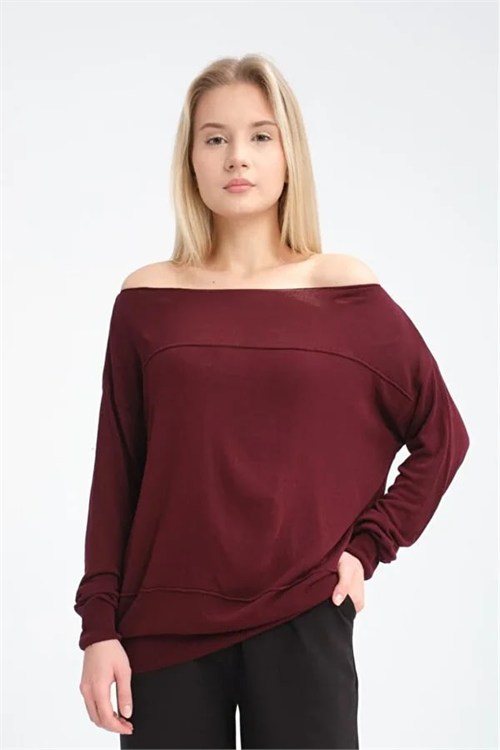 Wholesale Womens Burgundy Fine Knit Sweater with Boat Neck and Drop Shoulders