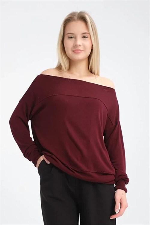 Wholesale Womens Burgundy Fine Knit Sweater with Boat Neck and Drop Shoulders