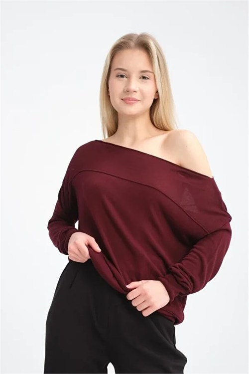 Wholesale Womens Burgundy Fine Knit Sweater with Boat Neck and Drop Shoulders