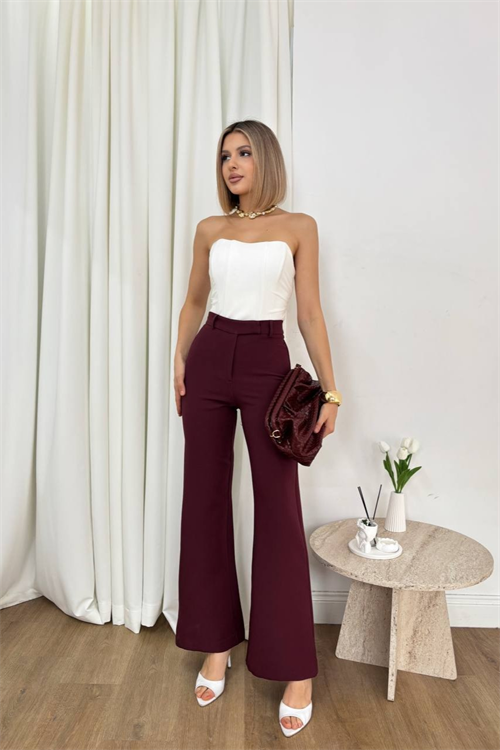 Wholesale Womens Burgundy High-Waisted Flared Trousers