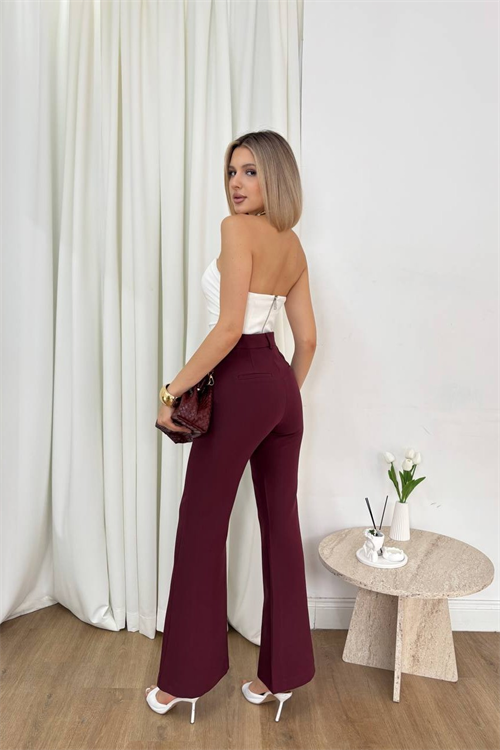 Wholesale Womens Burgundy High-Waisted Flared Trousers