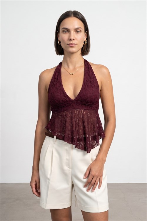 Wholesale Womens Burgundy Lace Halter Top