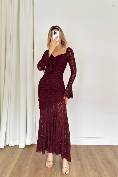 Wholesale Womens Burgundy Lace Maxi Dress