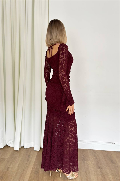Wholesale Womens Burgundy Lace Maxi Dress