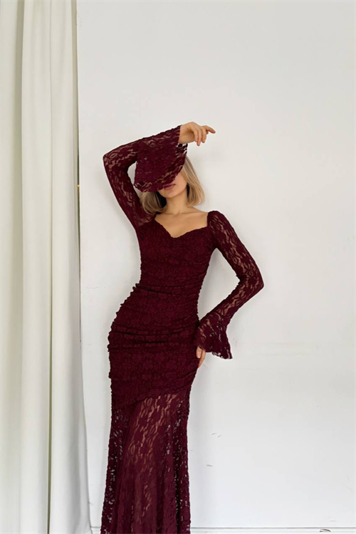 Wholesale Womens Burgundy Lace Maxi Dress