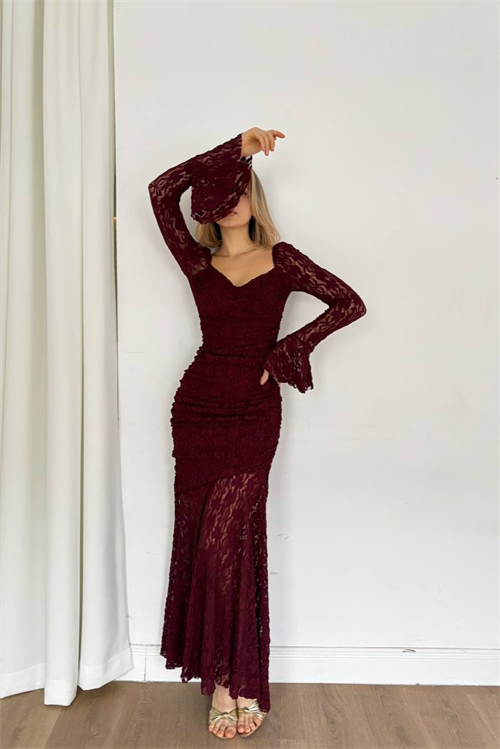Wholesale Womens Burgundy Lace Maxi Dress