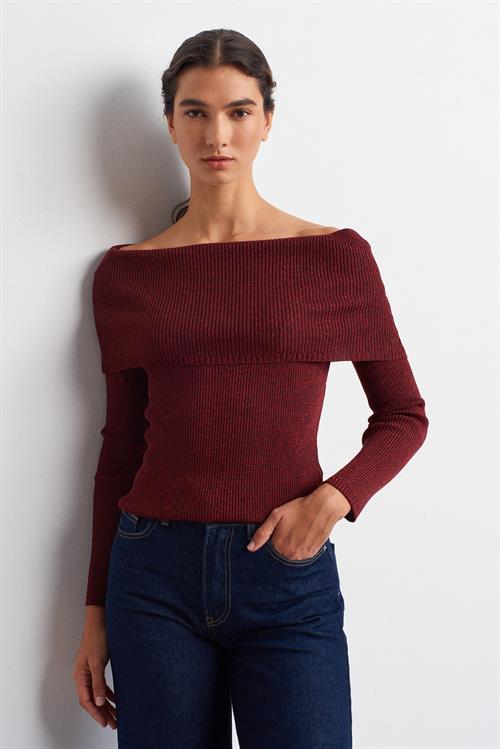 Wholesale Womens Burgundy Lurex Ribbed Knit Sweater with Carmen Collar