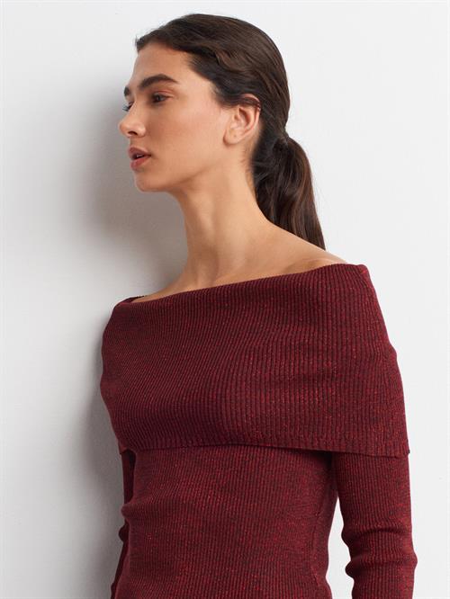 Wholesale Womens Burgundy Lurex Ribbed Knit Sweater with Carmen Collar