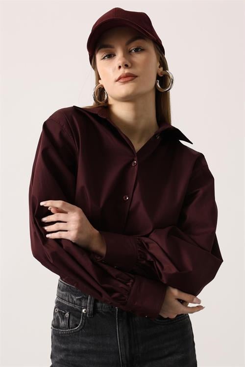 Wholesale Womens Burgundy Oversized Shirt with Bishop Sleeves