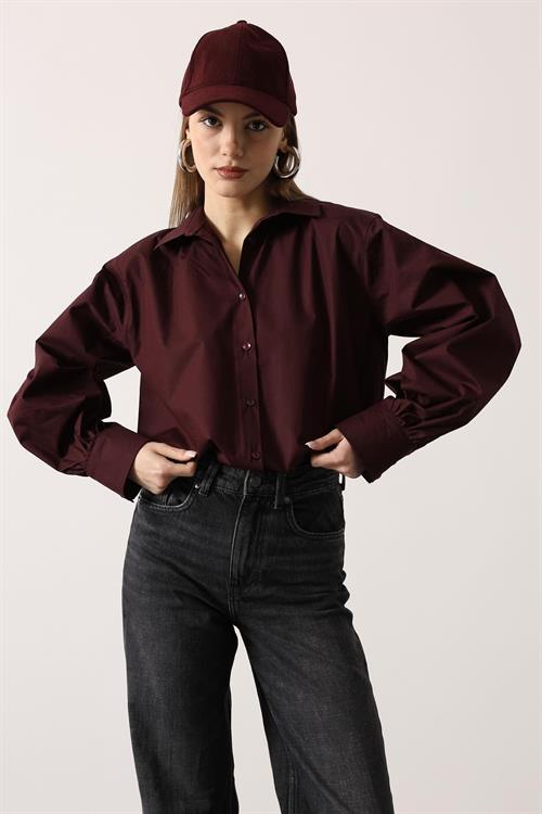 Wholesale Womens Burgundy Oversized Shirt with Bishop Sleeves