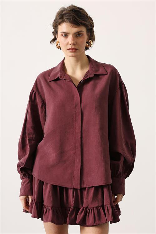 Wholesale Womens Burgundy Oversized Shirt with Bishop Sleeves