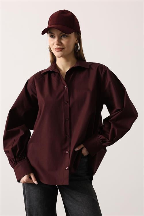 Wholesale Womens Burgundy Oversized Shirt with Bishop Sleeves