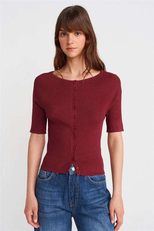 Wholesale Womens Burgundy Ribbed Buttoned Fine Knit Cardigan