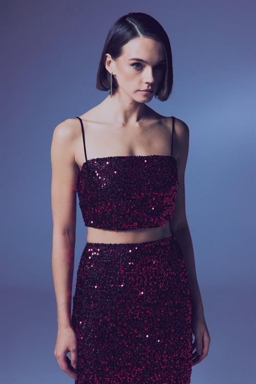 Wholesale Womens Burgundy Sequined Strappy Crop Top