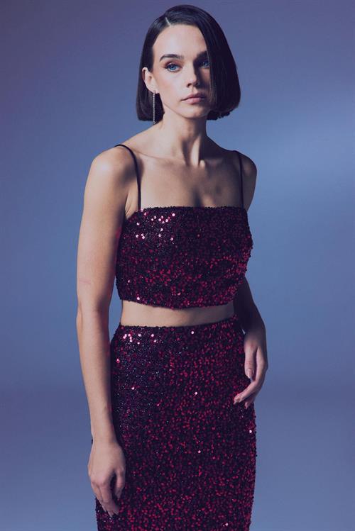 Wholesale Womens Burgundy Sequined Strappy Crop Top