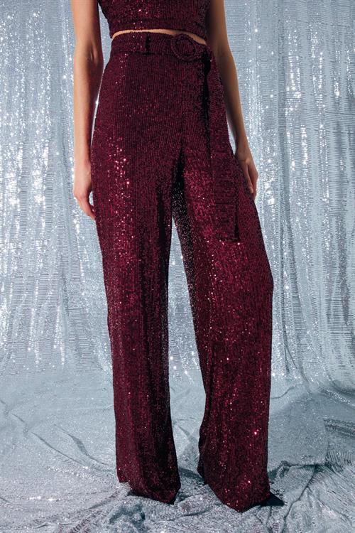 Wholesale Womens Burgundy Sequined Trousers with Belt