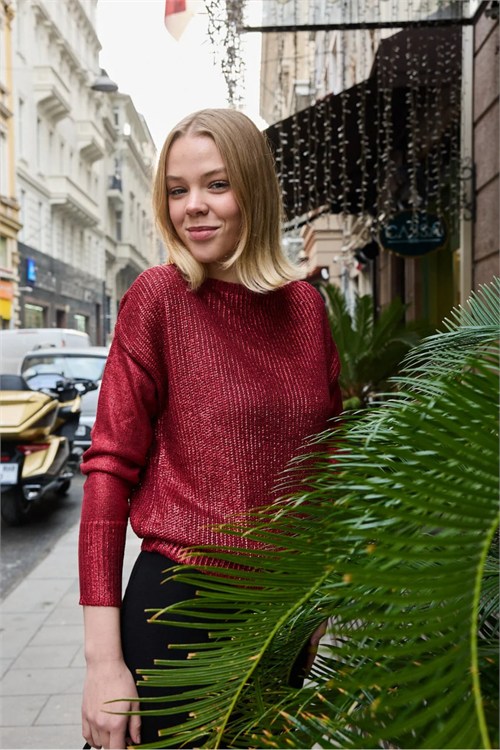 Wholesale Womens Burgundy Shimmering Foil Knit Sweater with Wide Cuffs
