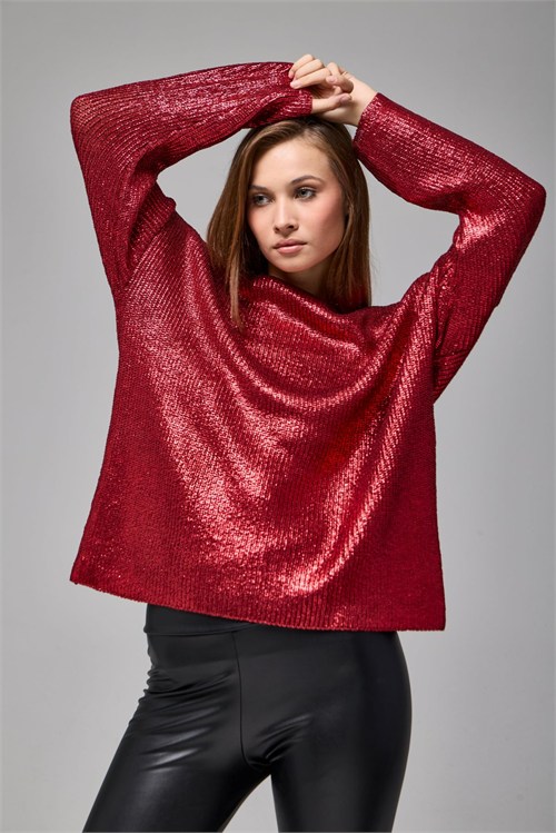 Wholesale Womens Burgundy Shimmering Ribbed Knit Sweater