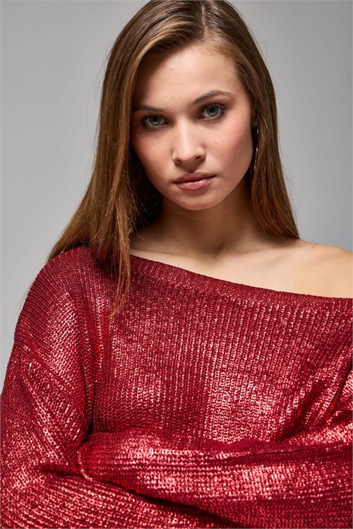 Wholesale Womens Burgundy Shimmering Ribbed Knit Sweater