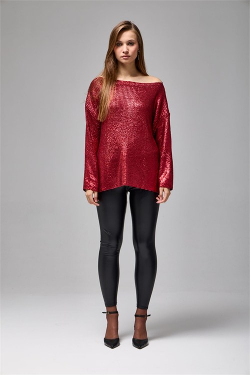 Wholesale Womens Burgundy Shimmering Ribbed Knit Sweater