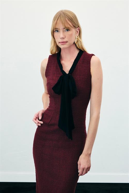 Wholesale Womens Burgundy Sleeveless Tweed Dress with Scarf