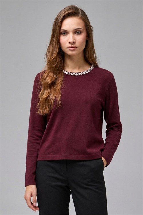 Wholesale Womens Burgundy Soft-Textured Knit Sweater with Pearl-Embellished Collar