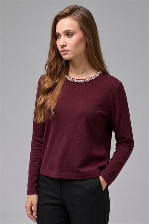 Wholesale Womens Burgundy Soft-Textured Knit Sweater with Pearl-Embellished Collar