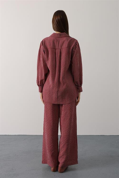 Wholesale Womens Burgundy Striped Two-Piece Set – Shirt and Pants